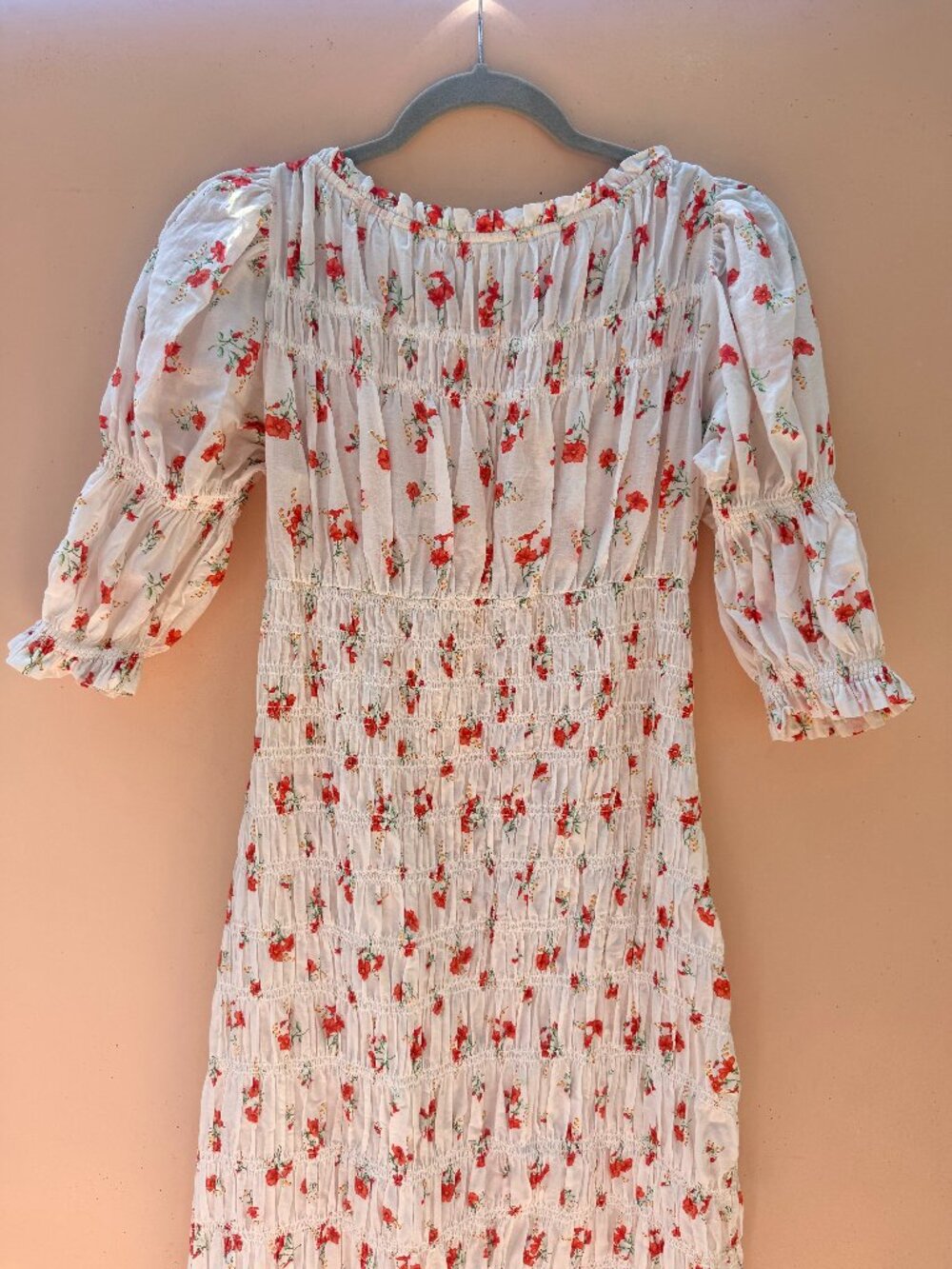 Doen Roxanne Floral Shirred Puff 3/4 Sleeve Midi Dress Sweet Abelia Floral - M